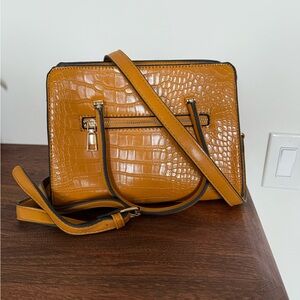 Croc-Embossed Mustard Yellow Leather Handbag